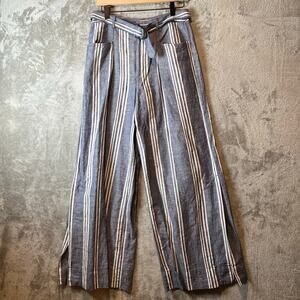 Anthropologie Womens Beachy Wide Leg Pants Linen Blend Blue White Striped Size 4